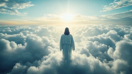 Jesus Christ Standing on Clouds Facing Heaven, Spiritual and Religious Symbolism, Divine Light, Christian Faith, Inspirational Scene of Hope and Salvation