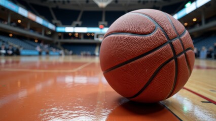 Close-Up of Basketball on Wooden Floor with Indoor Court and Stadium Background, Highlighting College Sports Atmosphere and Athletic Environment