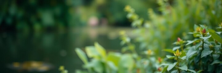 Blurred image of serene natural background with water and lush plants, blurred, tranquil