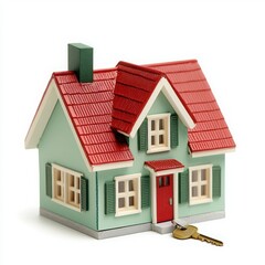 Miniature house model with a key, isolated on a white background.