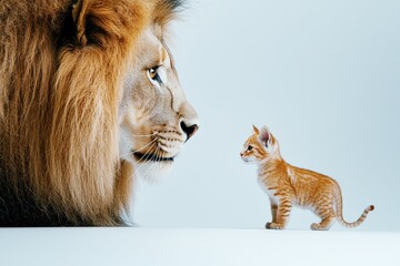 small kitten facing big lion, symbol of strength and innocence, contrast between power and...