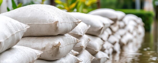 Sandbags are stacked along a flooded area, providing a barrier against rising water, highlighting flood prevention measures.