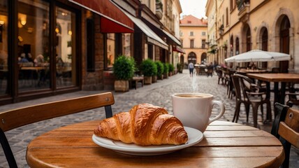 An outdoor cafe table and a croissant on a plate
