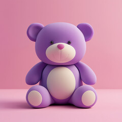 Fototapeta premium A cute purple teddy bear toy sits against a soft pink background, perfect for children's room decor or playful themes.