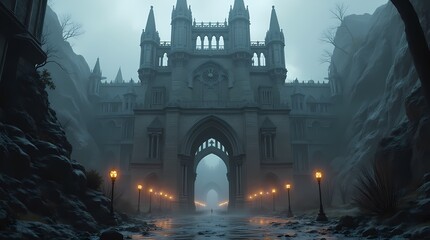 Gothic castle, huge arches, high spires, massive gates, a sense of mystery and power