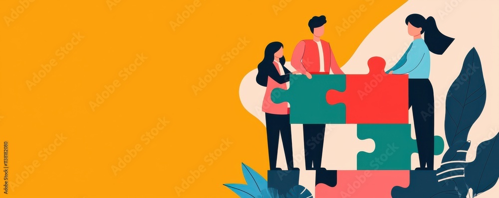 Poster a group of diverse individuals collaboratively solving a puzzle against a vibrant orange background,