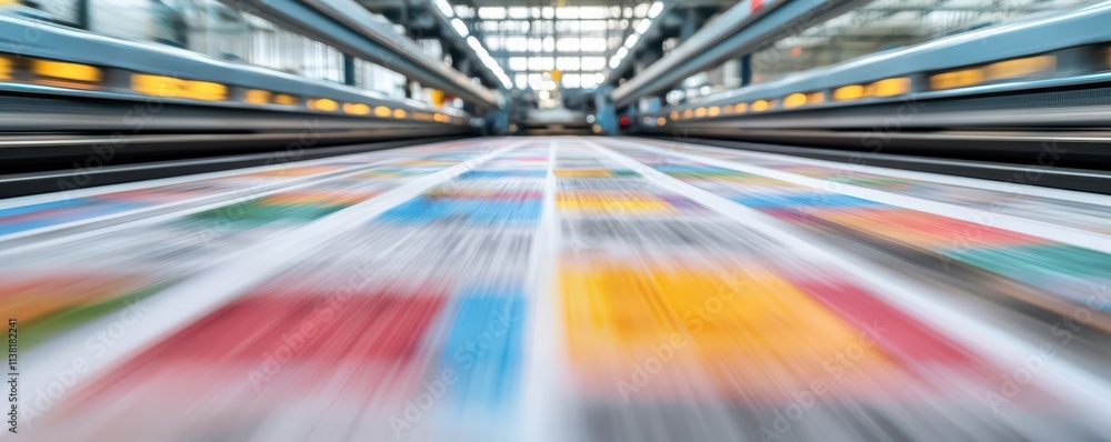 Poster a vibrant printing press captures colorful sheets in motion, showcasing the process of high-speed pr