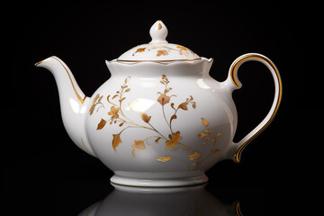 Minimalist and luxurious modern teapot in white and golden, featuring intricate patterns and print design, elegantly displayed on a contrasting white and black background for a sophisticated aesthetic