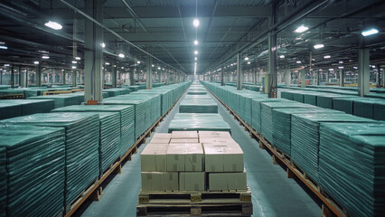 Organized Storage Facility With Wrapped Green Pallets and Boxes