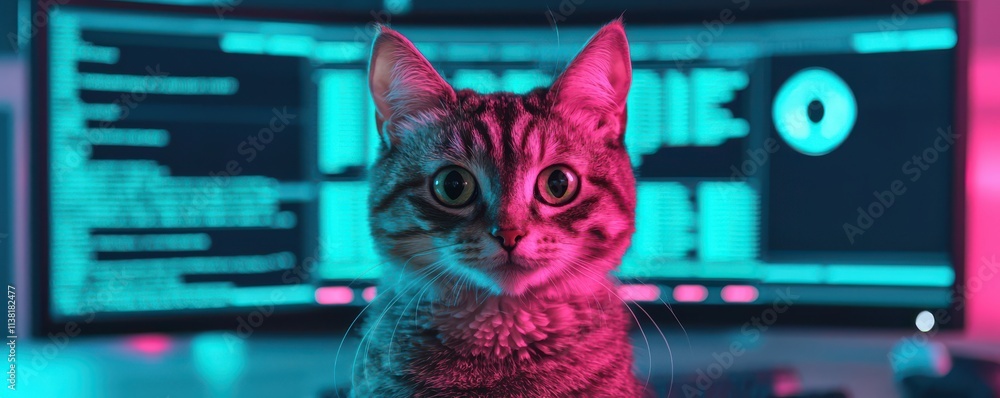 Poster a curious cat sits in front of a colorful, high-tech monitor displaying code and graphics, blending 