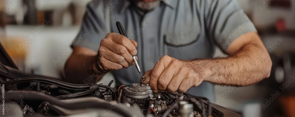 Poster a mechanic works on an engine, using tools to repair and maintain vehicle components in a well-lit w