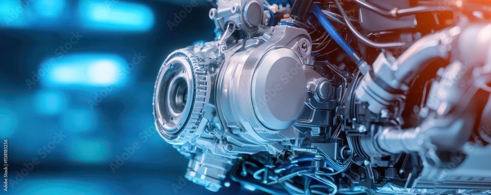 Poster a close-up view of a complex engine component, showcasing intricate details and a sleek design again