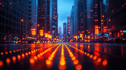Obraz premium futuristic cityscape with glowing red lights reflecting on wet streets