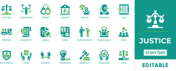 Justice icon set: scales, gavel, judge, court, handcuffs, prison, and case symbols. Ideal for legal, government and law enforcement websites, reports, and presentations. Editable vector icons.