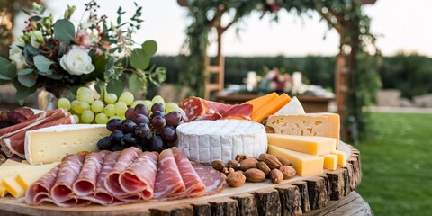 Rustic Wedding Cheese and Charcuterie Board. A beautifully arranged charcuterie board featuring an assortment of cheeses, cured meats, nuts, and grapes, set against a rustic outdoor wedding backdrop. 