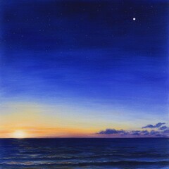Serene sunset over calm ocean, starlit twilight sky.