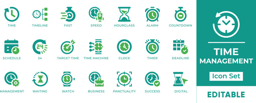Time Management Icon Set. Features editable icons for time management symbols, productivity, efficiency, scheduling, planning, deadlines, etc. Perfect for businesses, professionals, and students.