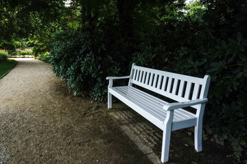 A white bench sits in the park surrounded by greenery, offering a cozy spot for relaxation