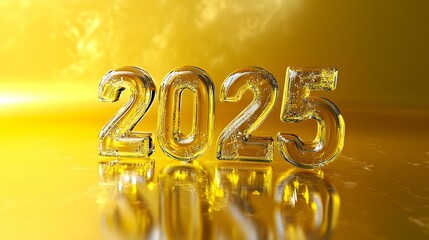 2025 Glass Numbers with reflections on Yellow Background - New Year Card Template