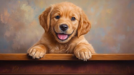 Adorable golden retriever puppy with a playful expression looking at the camera.