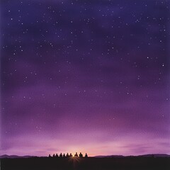 Fototapeta premium Silhouetted trees at sunset under a purple starry night sky.