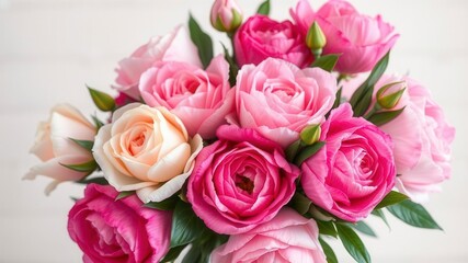 Naklejka premium Fresh bunch of pink peonies and roses with copy space on a white background, gift, celebration