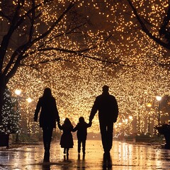 Silhouetted family walking hand-in-hand down a street illuminated by festive lights at night.