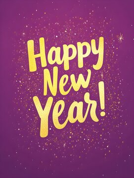 'Happy New Year!' Typography with Gold Sparkles on Purple Background. Modern New Year Card Template