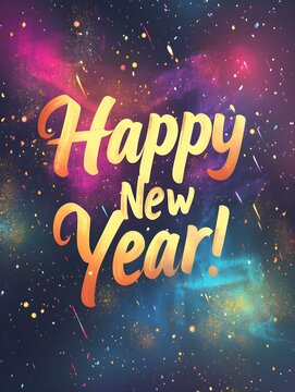 ''Happy New Year!' Typography with Gold Sparkles on Multicolor Background. Modern New Year Card Template