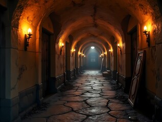 Secret passages in the Winding Corridors leading into the unknown, with torches on the walls and old wooden doors
