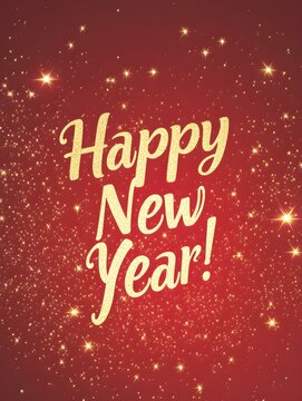 ''Happy New Year!' Typography with Gold Sparkles on Red Background. Modern New Year Card Template