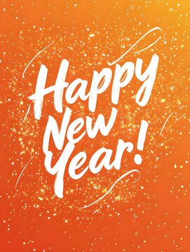 'Happy New Year!' Typography with Gold Sparkles on Orange Background. Modern New Year Card Template