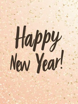 ''Happy New Year!' Typography with Gold Sparkles on Rose Gold Background. Modern New Year Card Template