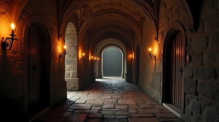 Secret passages in the Winding Corridors leading into the unknown, with torches on the walls and old wooden doors