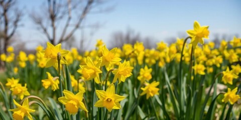 Obraz premium Lush field of vibrant yellow daffodil flowers blooming under a clear blue sky, yellow, outdoors, garden