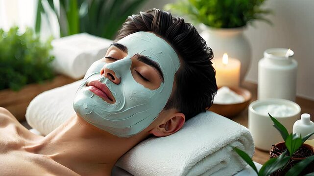 Relaxed Man Enjoying a Spa Treatment with Green Facial Mask and Candles in a Serene Setting

