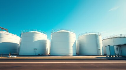 Obraz premium White Tanks in Tank Farm Under Blue Sky - AI Photorealistic