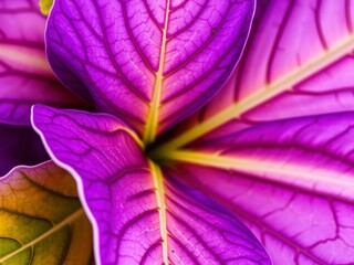 Purple flower petals and leaves with delicate veins and a velvety texture, creating a striking contrast in colors and shapes, garden, beauty