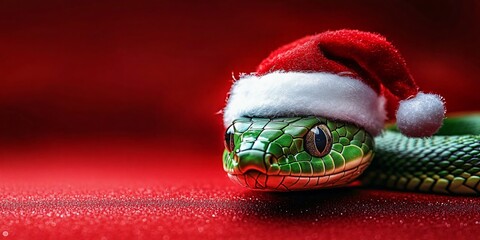 A playful green snake with a fluffy Santa hat on a vibrant red background, perfect for holiday greeting cards, festive promotions, or whimsical decorations.