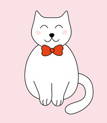 Cat with tie bow. Vector flat illustration.