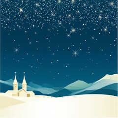 Snowy village landscape at night under starry sky.