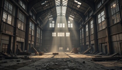Abandoned Industrial Warehouse Interior with Light Beams