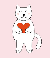 Valentine day Cat with heart in paws. Vector flat illustration.