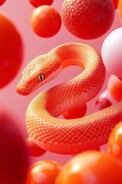 3D illustration of an orange snake surrounded by red sphe