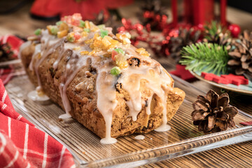 Traditional Christmas cake with candied fruit, raisins and fruits.