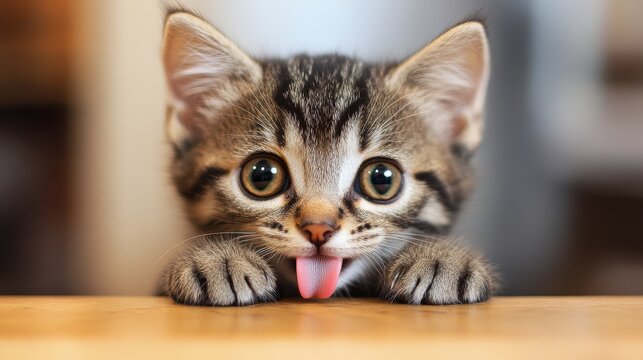 Adorable kitten sticking out its tongue, full of curiosity and playfulness.