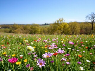 Fototapeta premium Vibrant field of dandelions under a clear blue sky, tranquil, flora