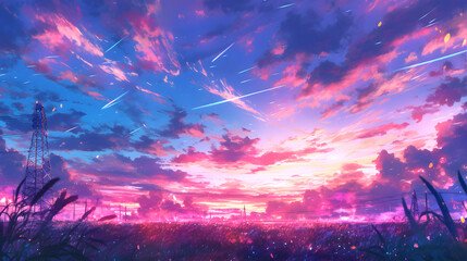 Vibrant sunset sky filled with shooting stars over a field of wildflowers. Magical, dreamy atmosphere.