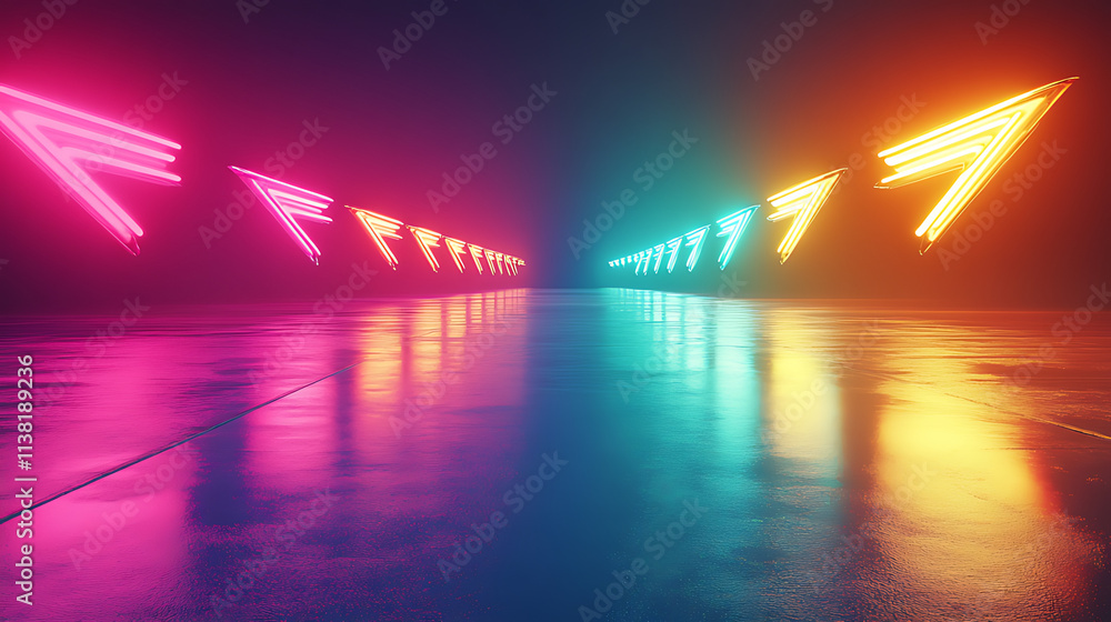 Poster futuristic neon animation of sleek metallic arrows gliding smoothly across gradient background