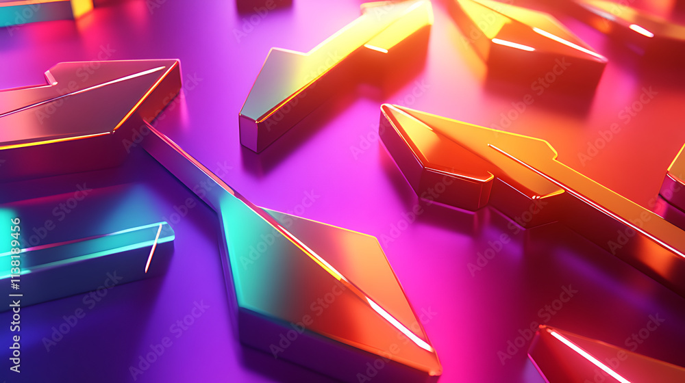 Poster dynamic smooth motion of metallic arrows in vibrant neon gradient background